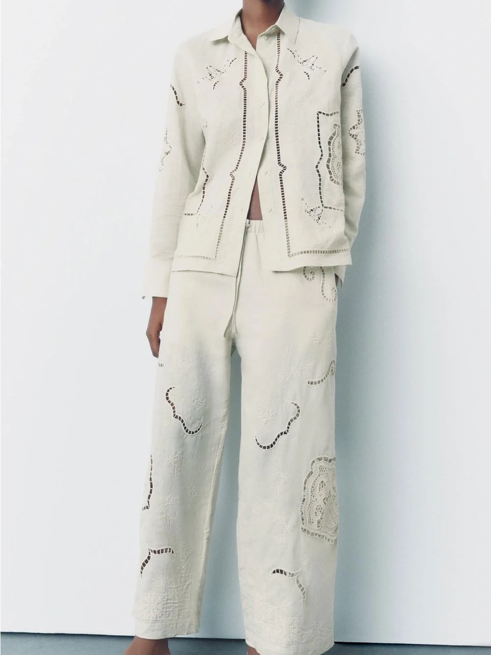 ZARA Linen Embroidered Shirt & Trousers